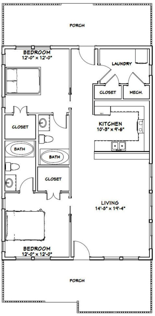 28x40 Small House Plan 2 Bedrooms 2 Baths 1,120 sq ft PDF Floor Plan