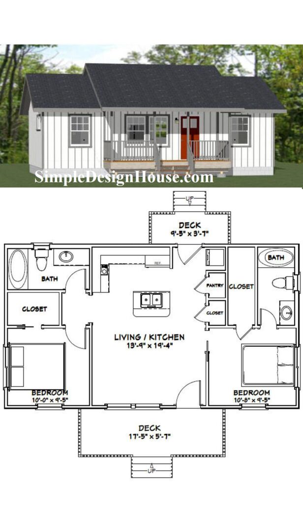 36x20 House Design 2 Bedrooms 2 Baths 720 sq ft PDF Floor Plan