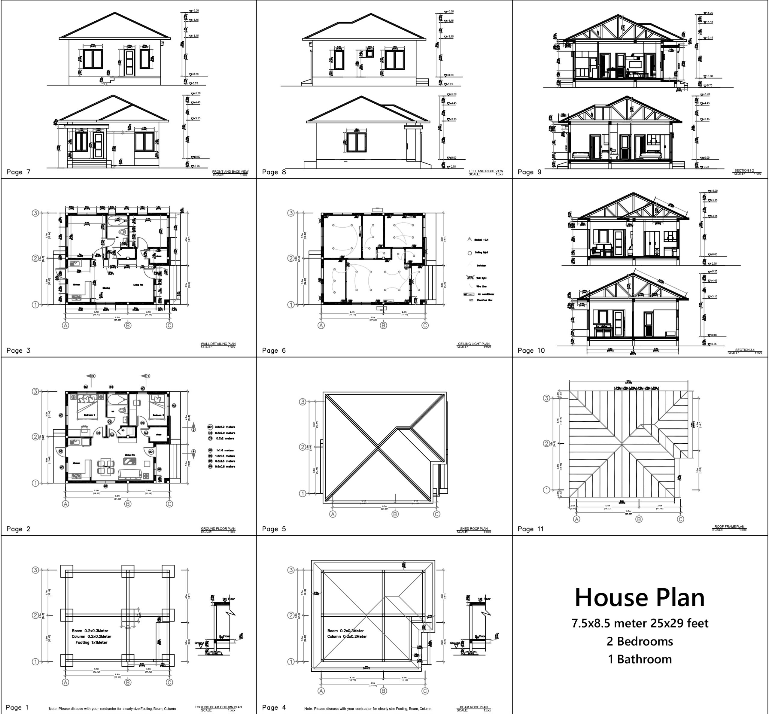 All Tiny House 7.5x8.5 Meter 2 Bedrooms 25x29 Feet Full PDF Plans