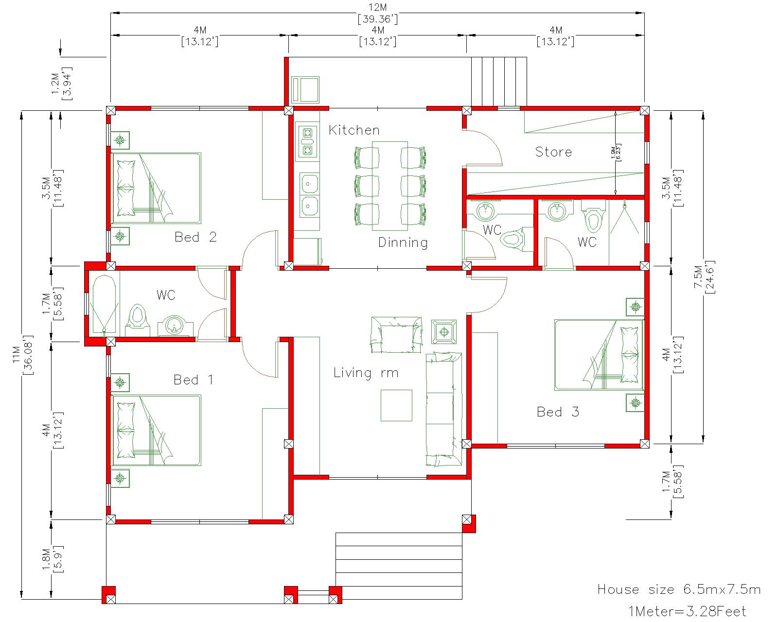 House Design 3d 12x11 Meter 39x36 Feet 3 Bedrooms Hip Roof PDF Full Plan floor plan