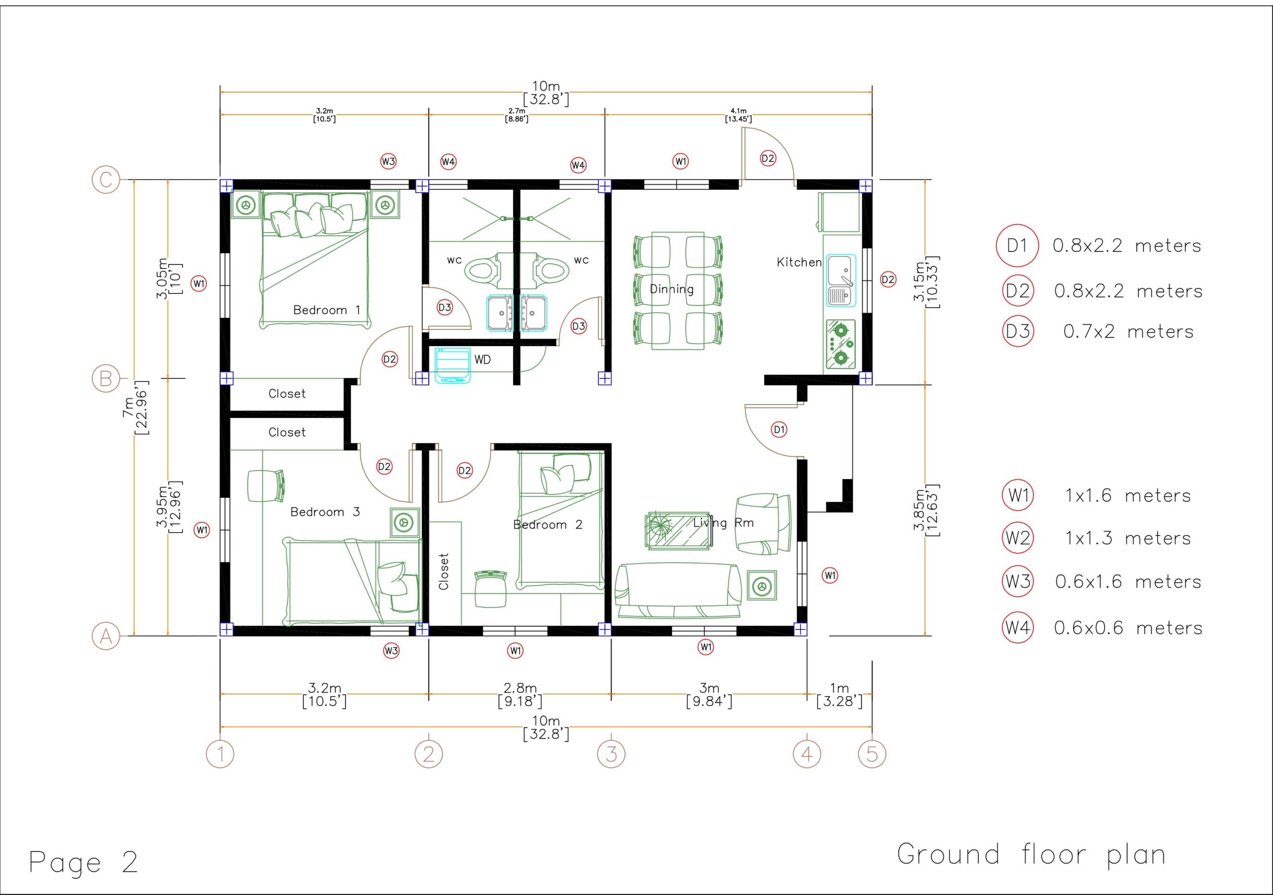 House Design 3d 7x10 Meter 23x33 Feet 3 Bedrooms hip Roof layout floor plan