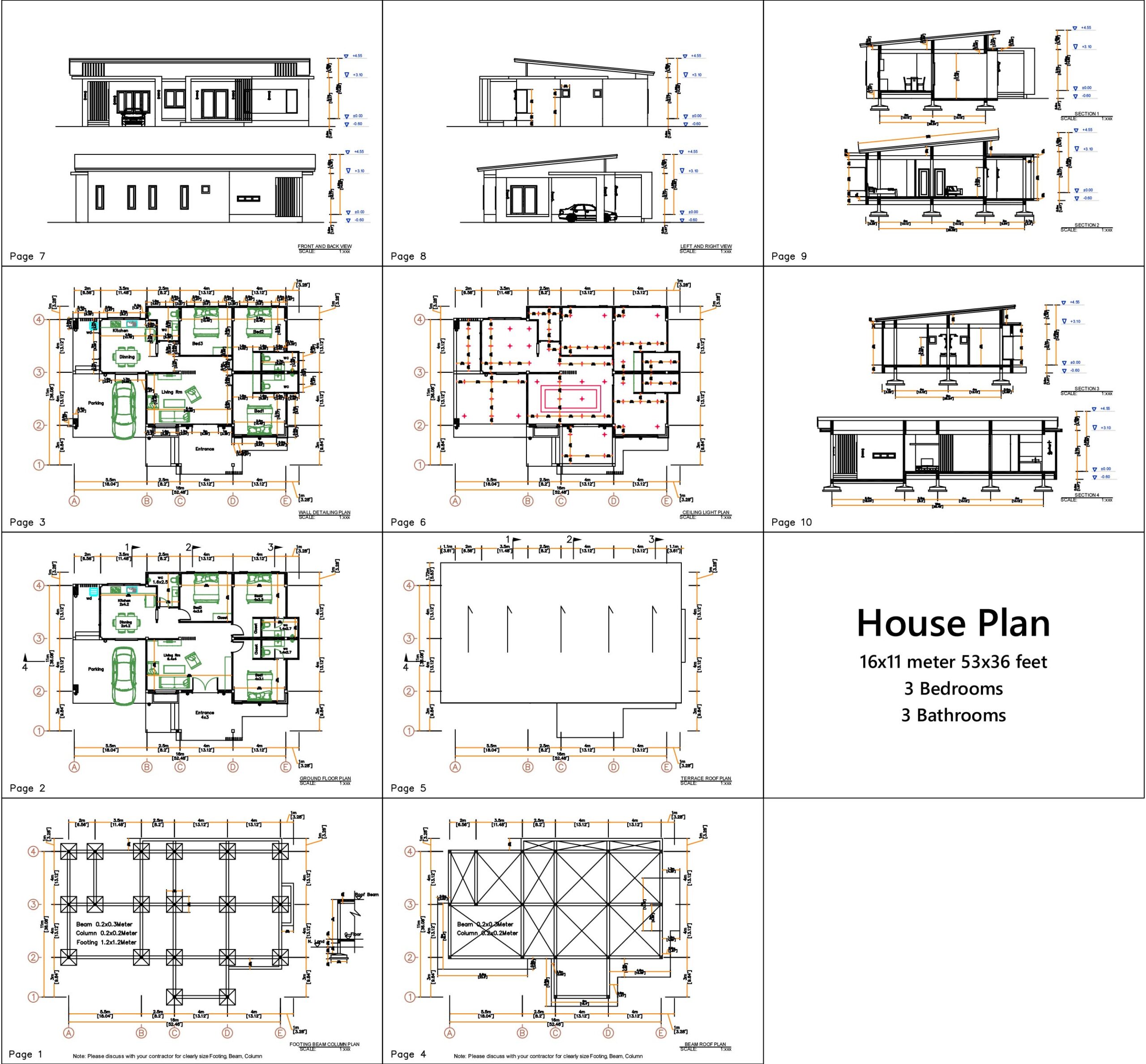 House Design Plans 16x12 Meter 52x39 Feet 3 bedrooms PDF Full Plan all