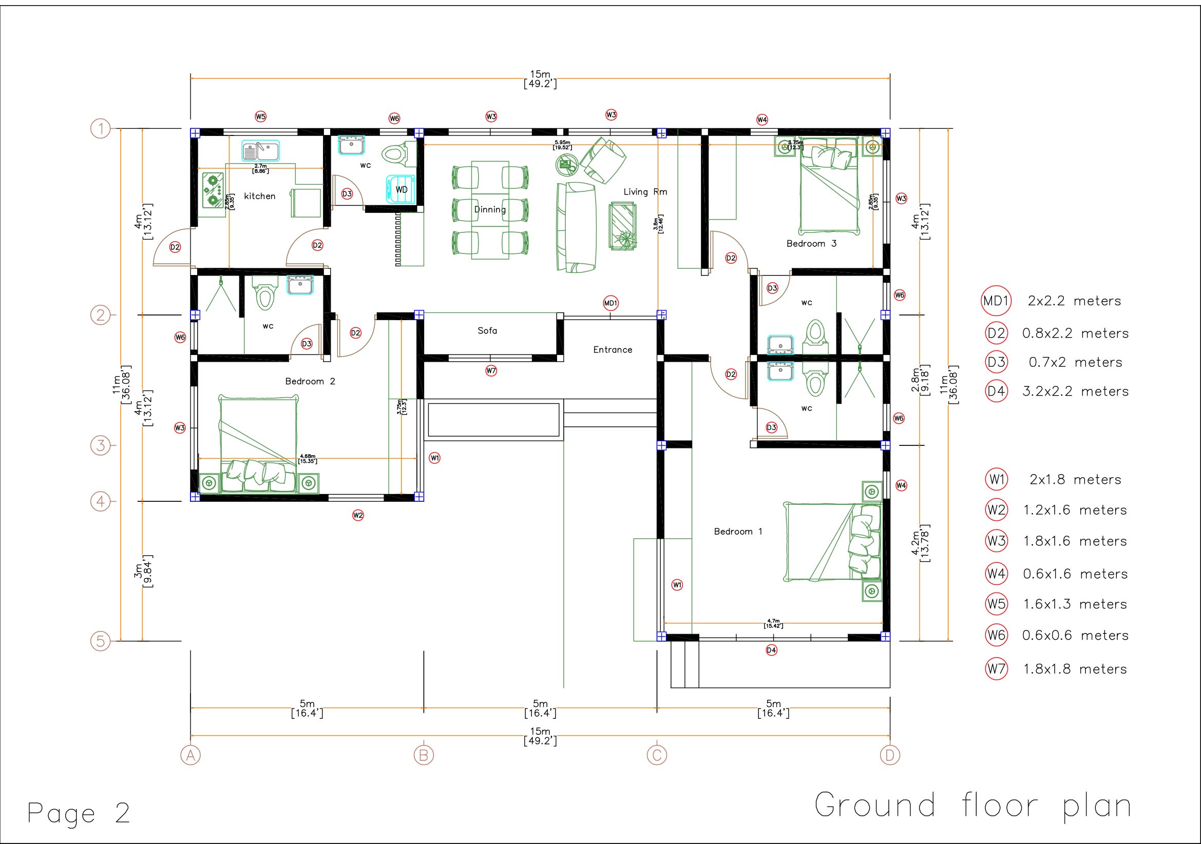 House Plan 3d 15x11 with 3 Bedrooms 49x36 Feet PDF Full Plan Layout plan