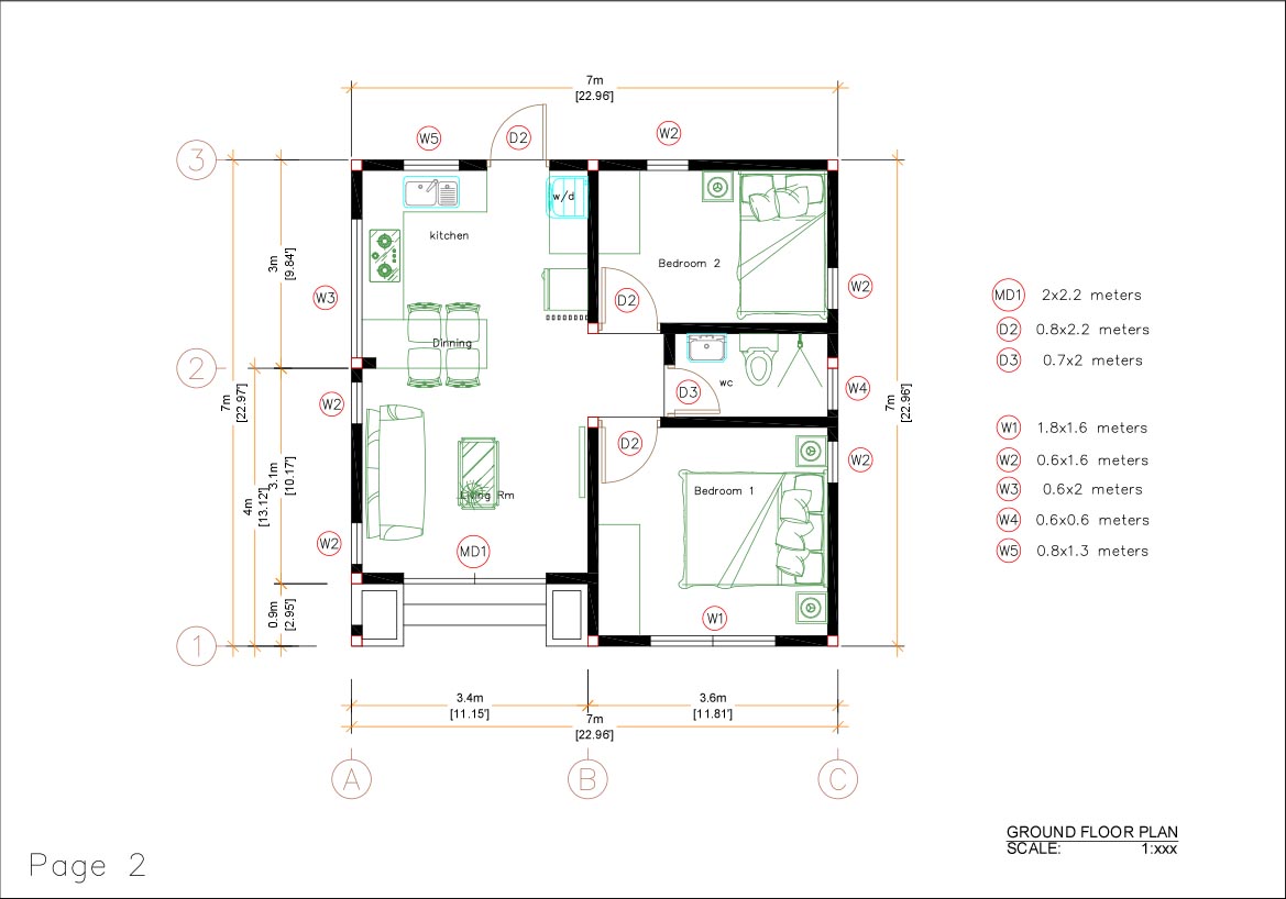Modern Tiny Homes 7x7 Meters 24x24 Feet 2 Bedrooms PDF Full Plan layout plan