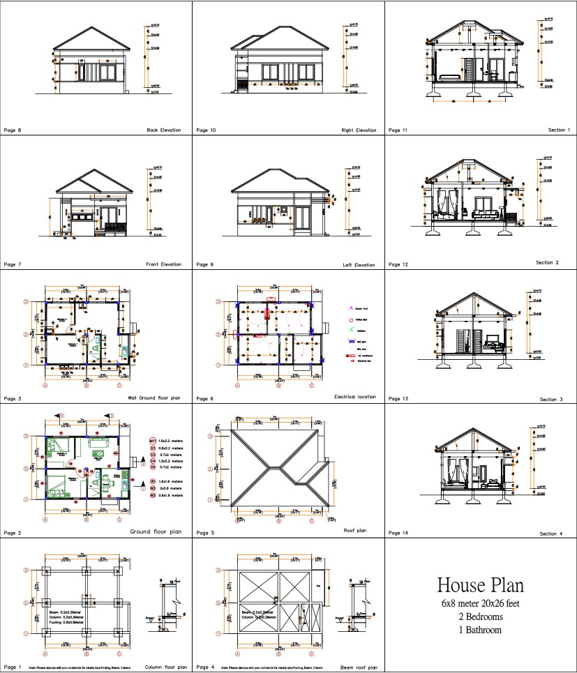Modern Tiny House 6x8 Meter 20x26 Feet Hip Roof Full PDF Plan all