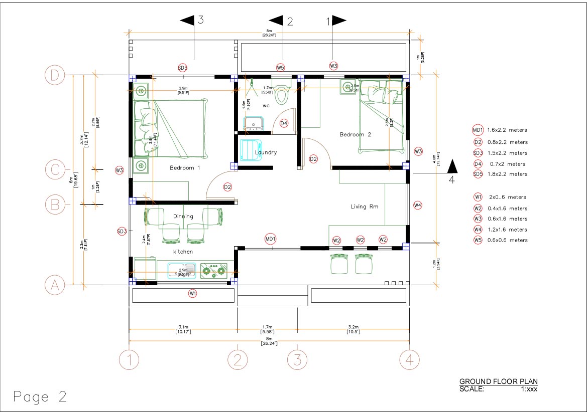 Small 2 Bedroom House 8x6 Meter 26x20 Feet PDF Full Plans Floor plans