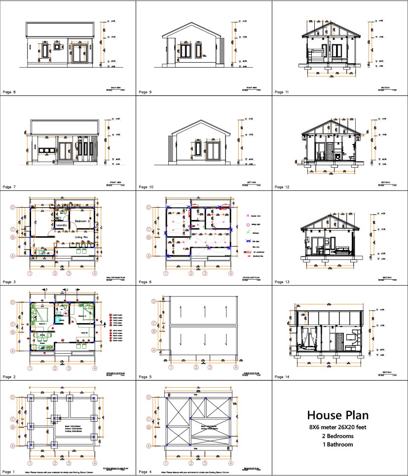 Small 2 Bedroom House 8x6 Meter 26x20 Feet PDF Full Plans all