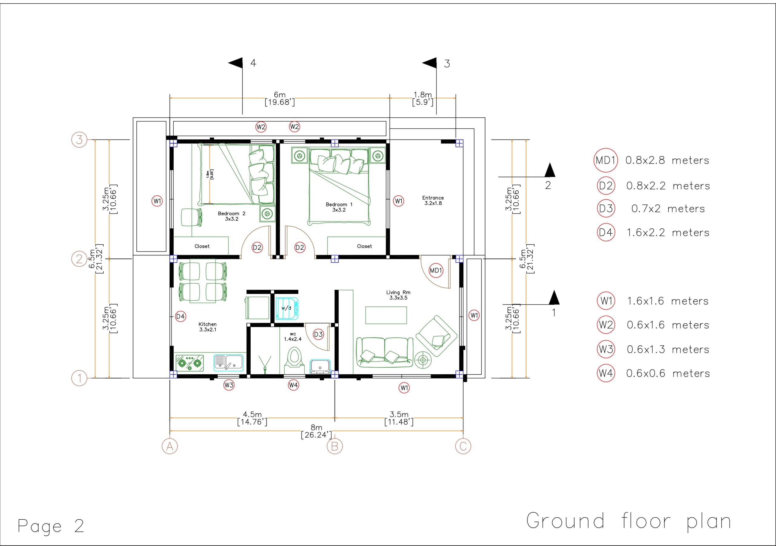 Small House Design 6.5x8 Meter 21x26 Feet 2 Bedrooms Shed Roof Floor Plan Door and window
