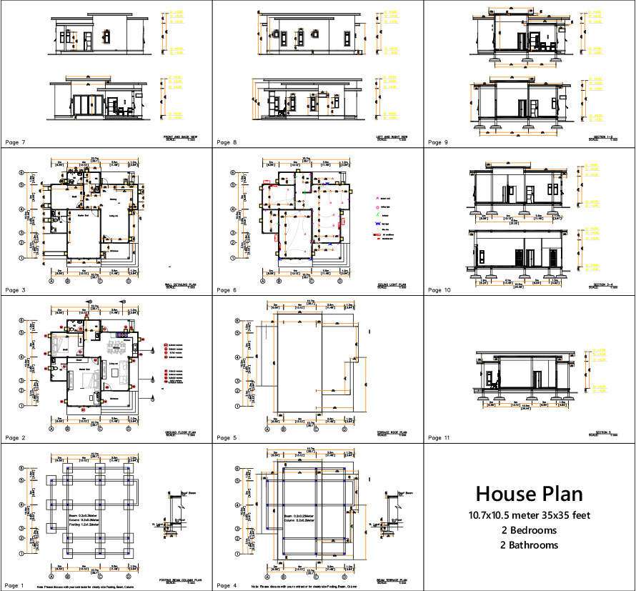 Small House Designs 10.7x10.5 Meter 35x34 Feet 2 Beds PDF Full Plan all
