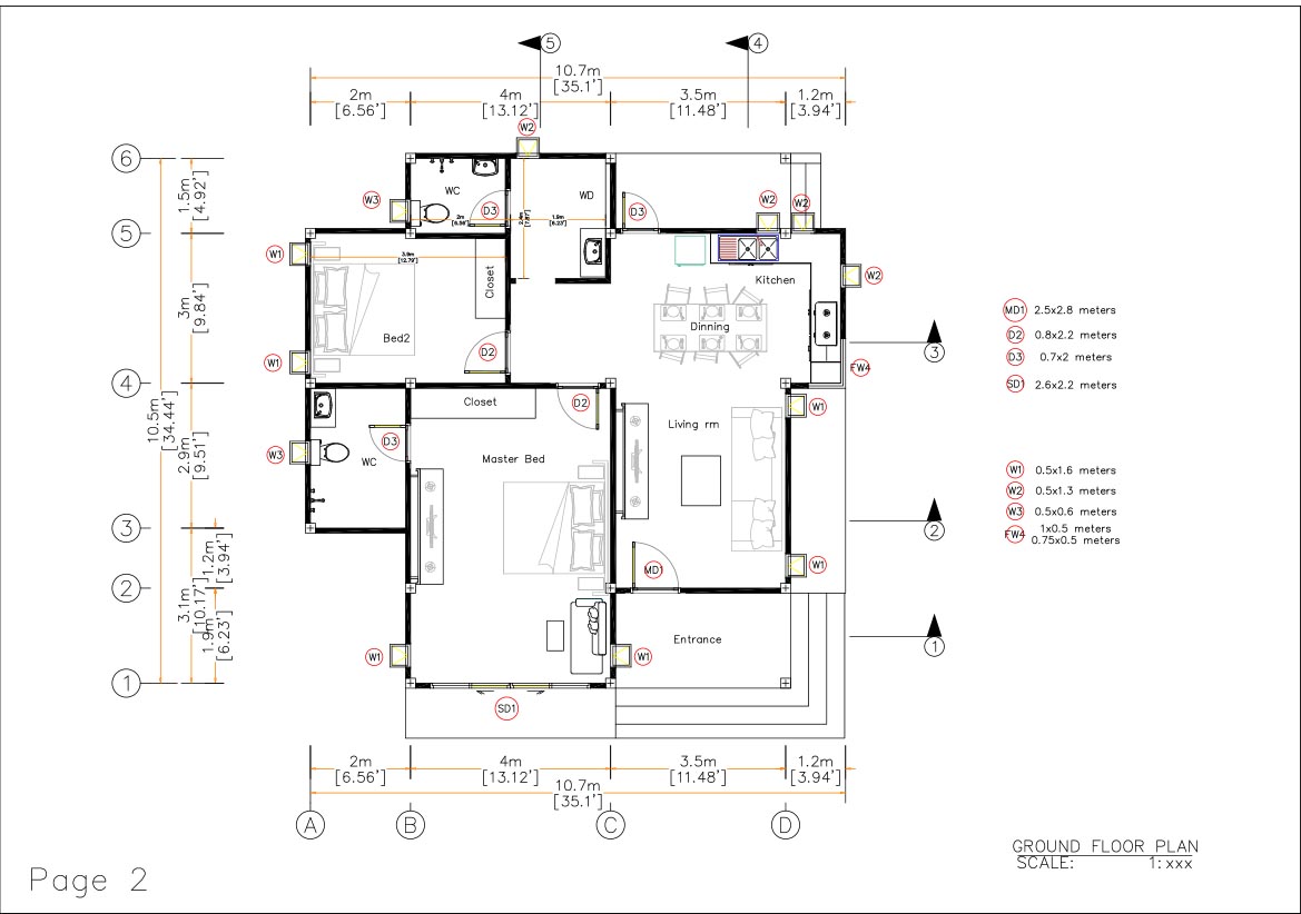 Small House Designs 10.7x10.5 Meter 35x34 Feet 2 Beds PDF Full Plan floor plan