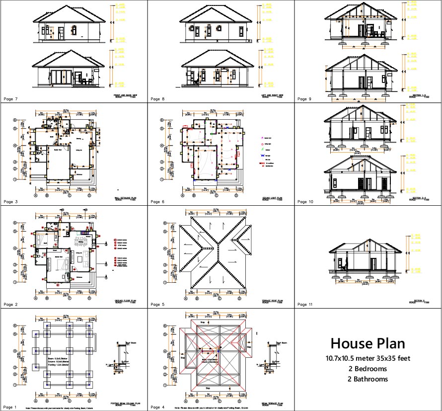 Small House Plan 10.7x10.5 Meter 35x34 Feet 2 Beds PDF Full Plan all