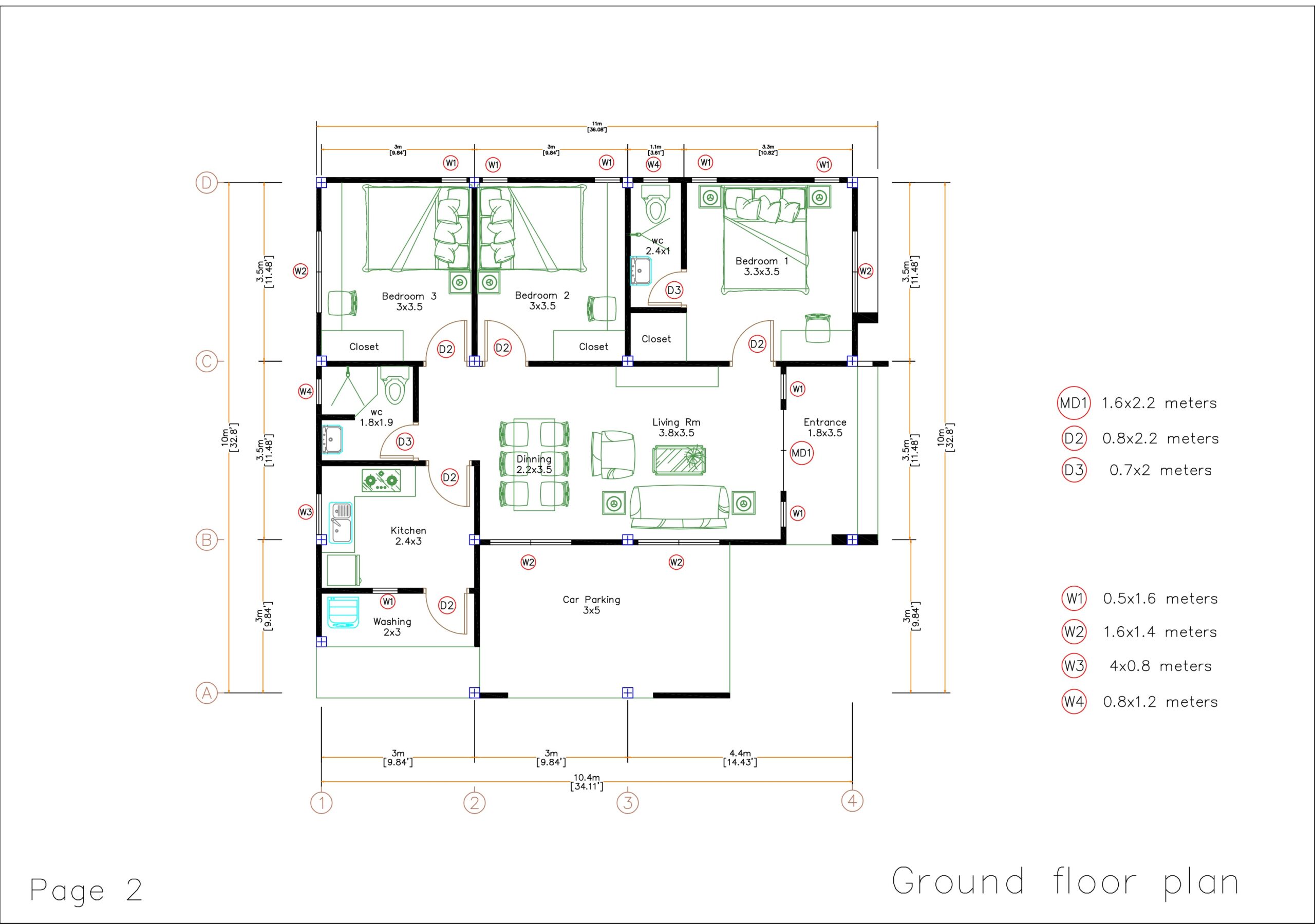 Small House Plan 10x11 Meter 33x36 Feet 3 Bedrooms Hip Roof PDF Full Plan Ground Floor Plan Door and window