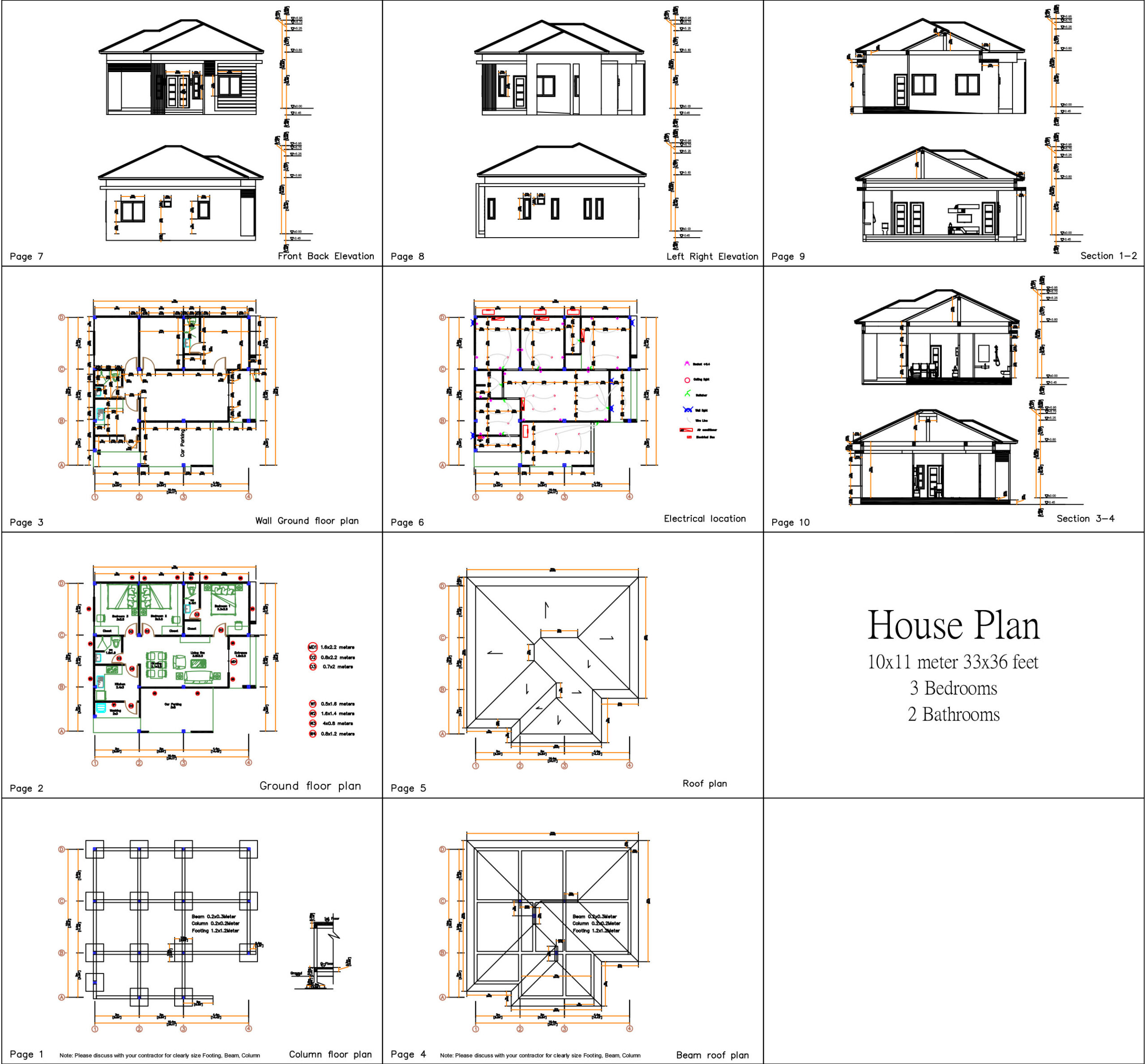 Small House Plan 10x11 Meter 33x36 Feet 3 Bedrooms Hip Roof PDF Full Plan all
