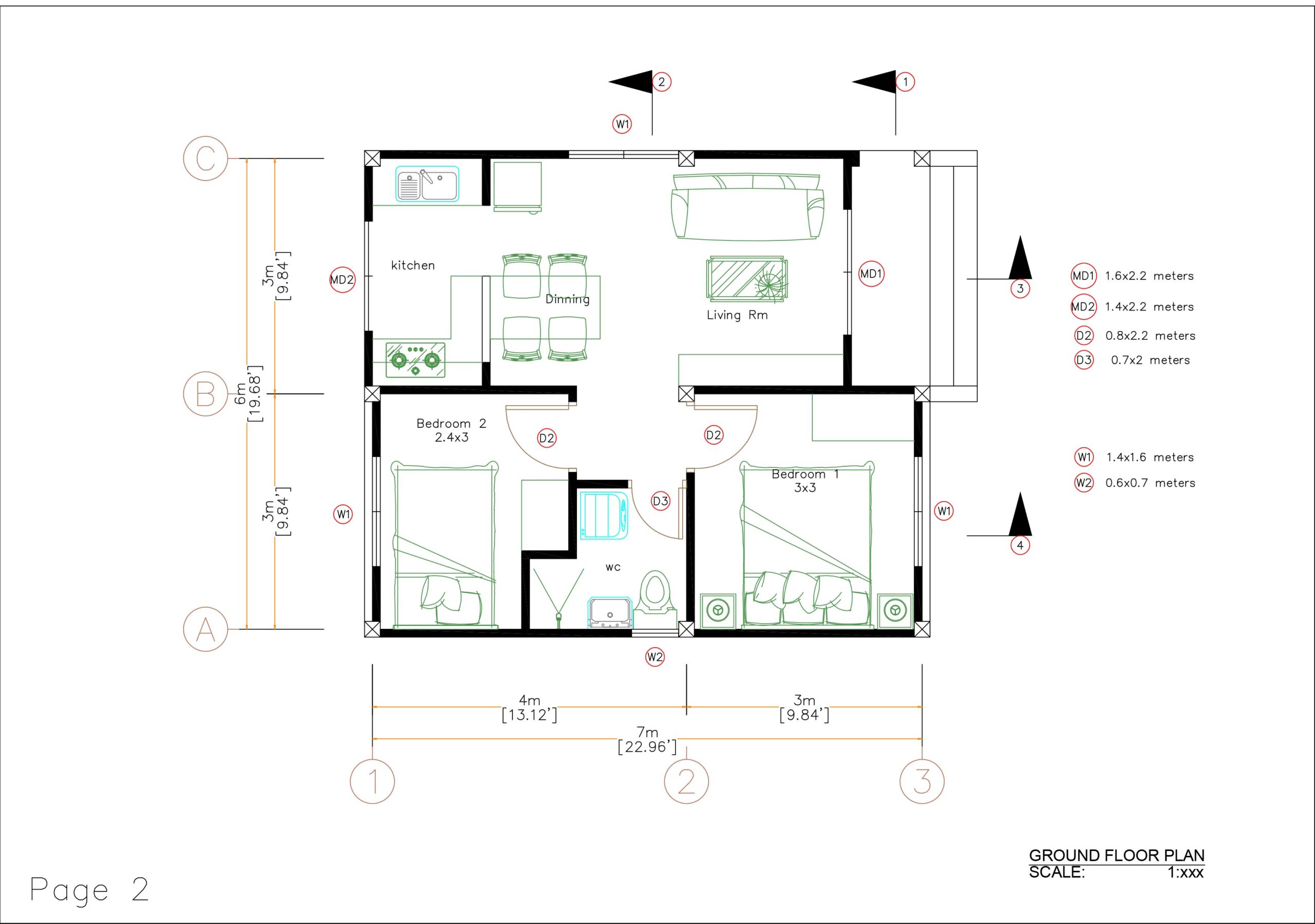 Small House Plans 20x23 Feet 2 Bedrooms 6x7 Meter Pdf Full Plan layout floor plan