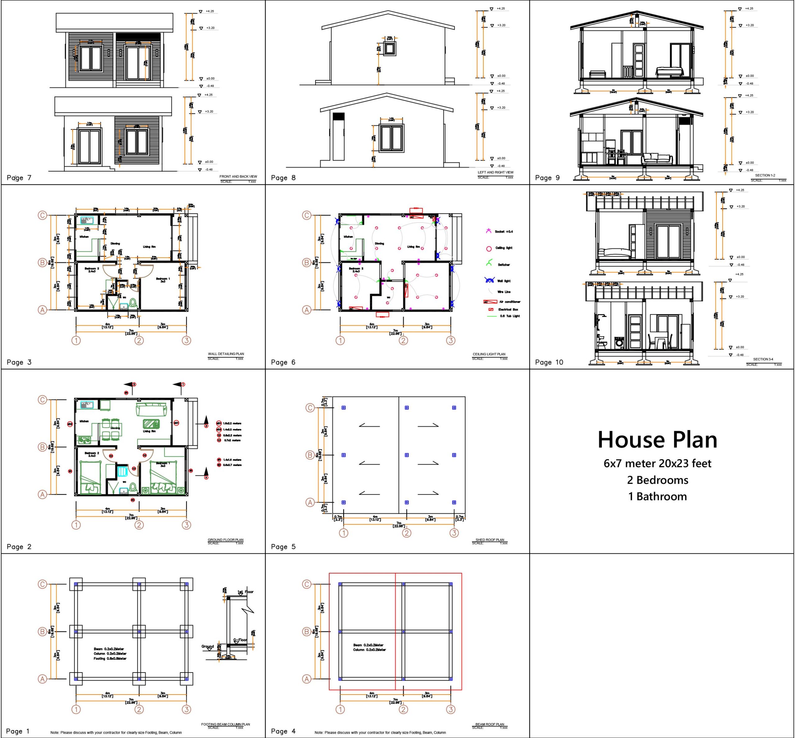 Small House Plans 20x23 Feet 2 Bedrooms 6x7 Meter Pdf Full Plan All layout