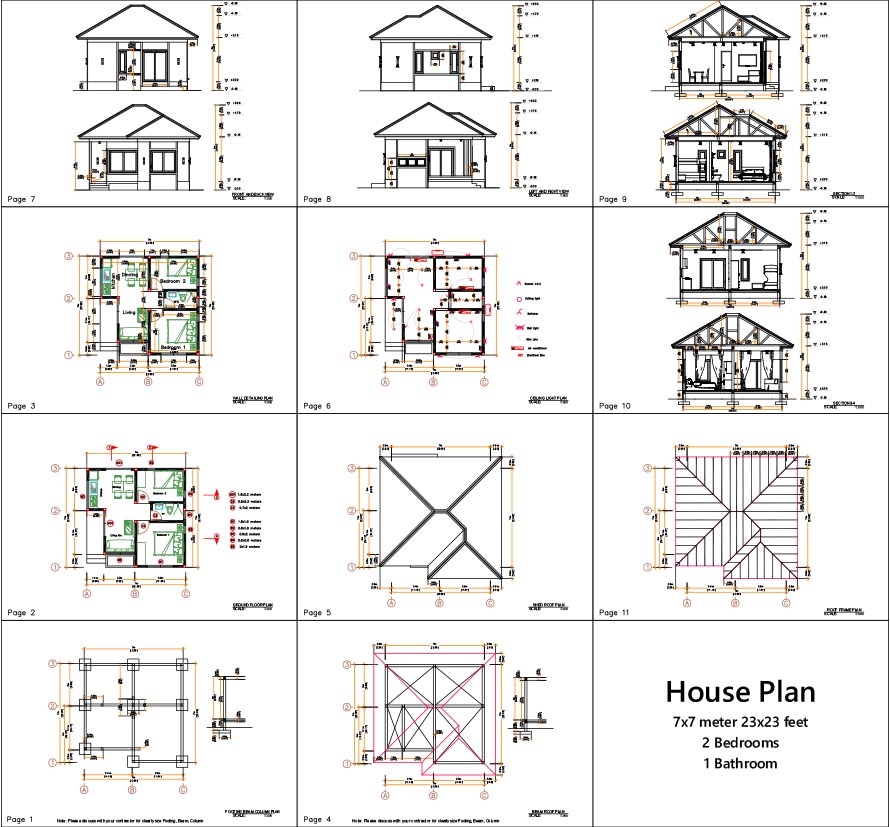 Small House Plans 7x7 with 2 Bedrooms Full PDF Plans 24x24 Feet 2 Beds all