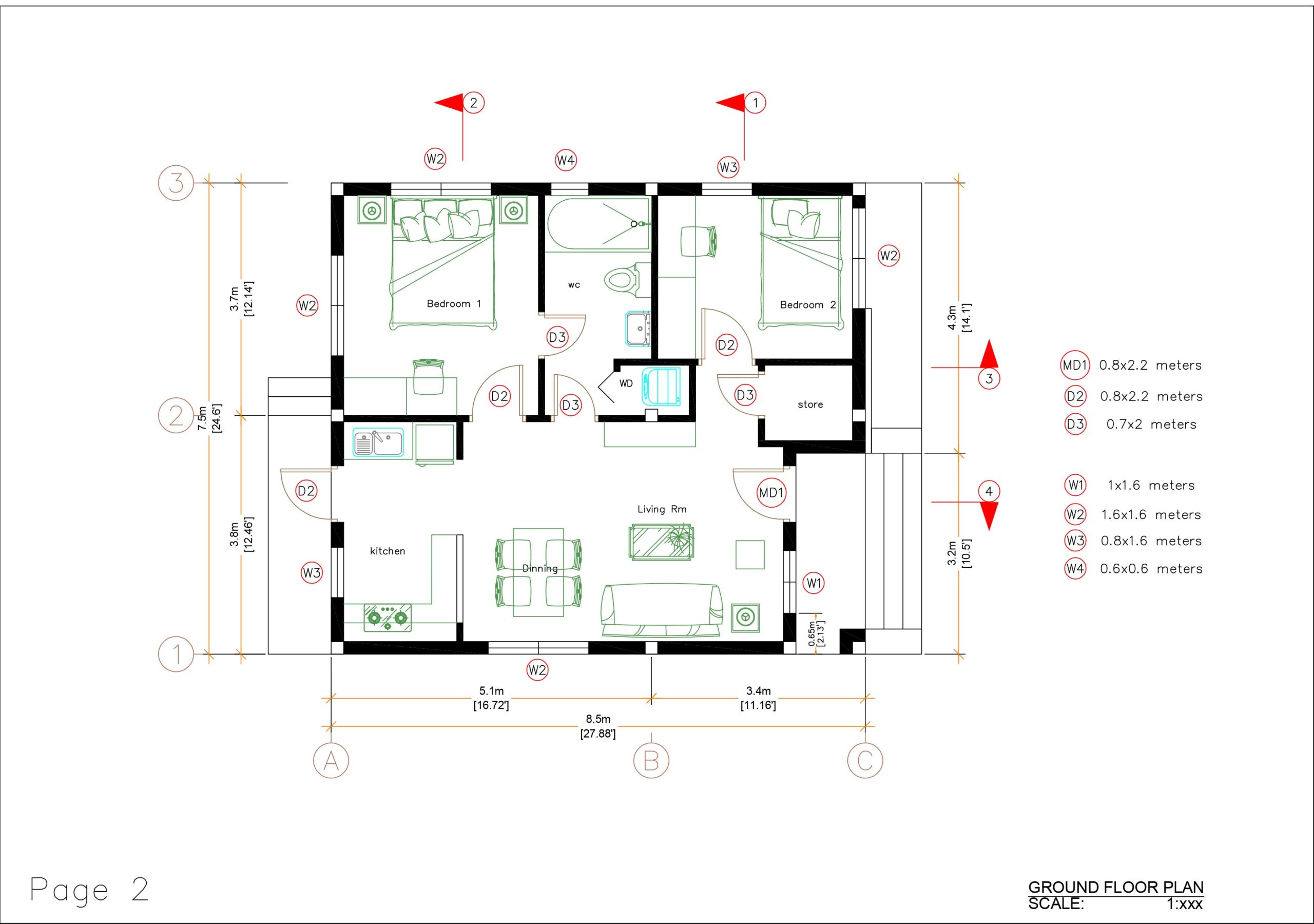 Tiny House 7.5x8.5 Meter 2 Bedrooms 25x29 Feet Full PDF Plans
