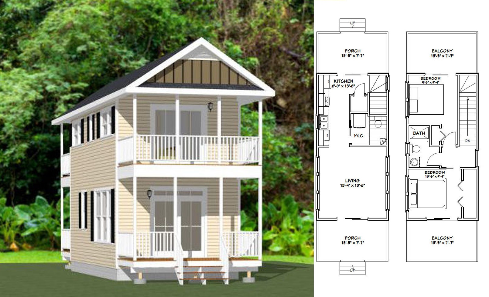 14x28-Tiny-House-Plan-2-Bedroom-1.5-Bath-749-sq-ft-PDF-Floor-Plan-3d