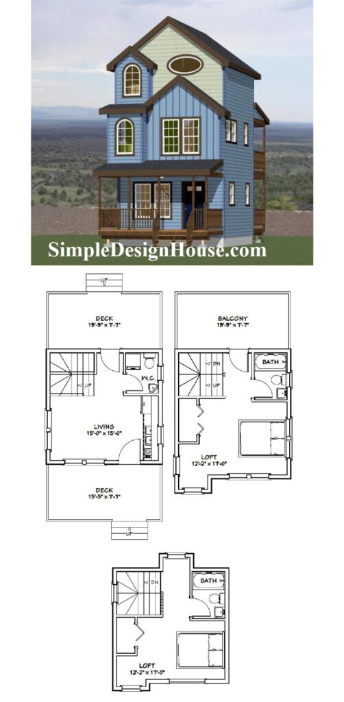 16x16-House-Plans-3d-2-Bedrooms-2.5-Baths-697-sq-ft-PDF-Floor-Plan-3d