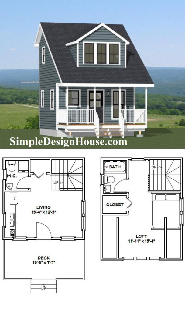 16x16-Small-House-Plan-1-Bedroom-1.5-Bath-492-sq-ft-PDF-Floor-Plan-3d