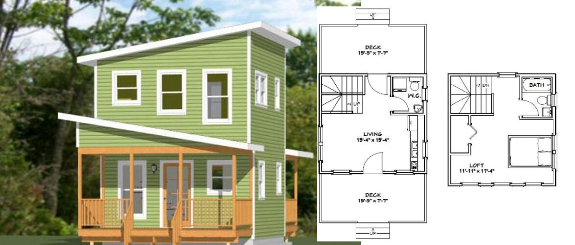 16×16 Small Tiny House Plan 1 Bedroom 1.5 Bath 465 sq ft PDF Floor Plan