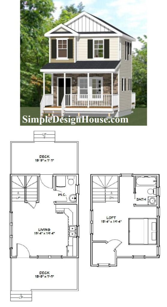 16x20 Simple House Design 1 Bedroom 1.5 Bath 586 sq ft PDF Floor Plan - 3d