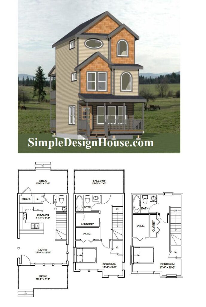 16x24-Simple-House-Plan-2-Bedrooms-2.5-Baths-1075-sq-ft-PDF-Floor-Plan-3d