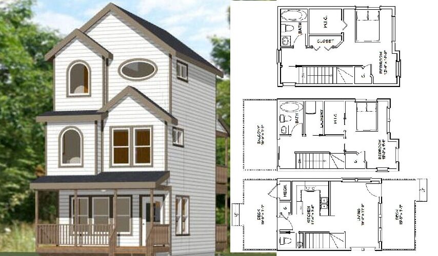 16×24 Small House Design 2 Bedrooms 2.5 Baths 1,075 sq ft PDF Floor Plan