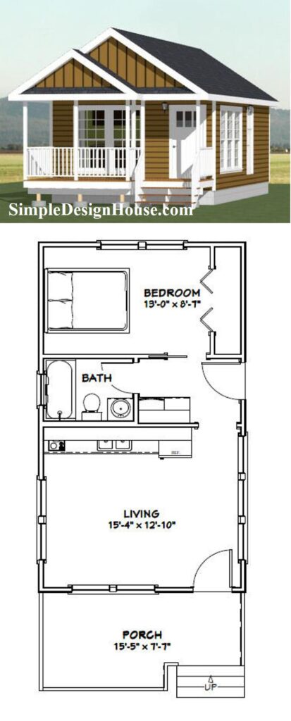 16x28-Small-House-Plan-1-Bedroom-1-Bath-447-sq-ft-PDF-Floor-Plan-3d