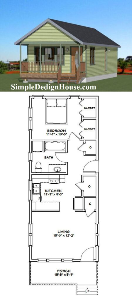 16x42-Small-House-Plan-1-Bedroom-1-Bath-672-sq-ft-PDF-Floor-Plan-3d