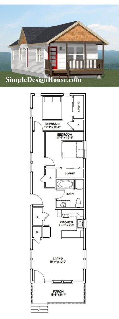 16x54-Small-House-Plan-2-Bedrooms-1-Bath-864-sq-ft-PDF-Floor-Plan-3d