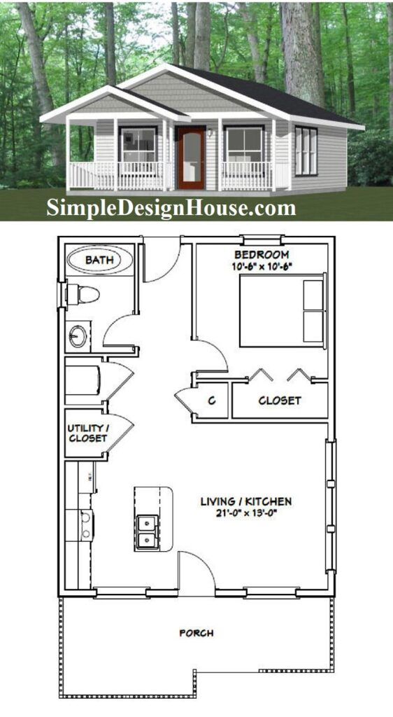 22x28-Small-House-Design-1-Bedroom-1-Bath-616-sq-ft-PDF-Floor-Plan-3d