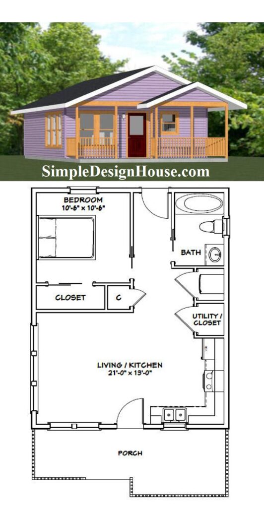 22x28-Small-House-Plan-1-Bedroom-1-Bath-616-sq-ft-PDF-Floor-Plan-3d