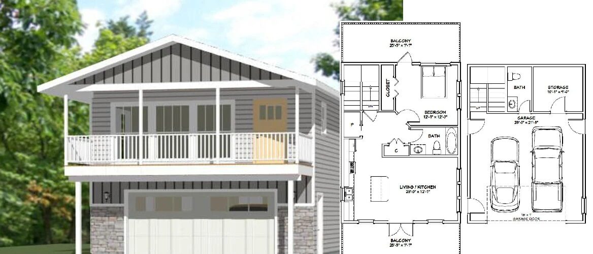 24×32 Tiny 3d House Plan 1 Bedroom 1.5 Bath 830 sq ft PDF Floor Plan