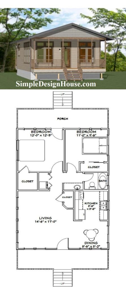 24x36-Simple-Small-House-2-Bedrooms-1-Bath-864-sq-ft-PDF-Floor-Plan-3d