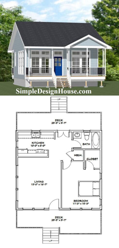 26x26-Small-House-Plans-1-Bedroom-1-Bath-676-sq-ft-PDF-Floor-Plan-3d