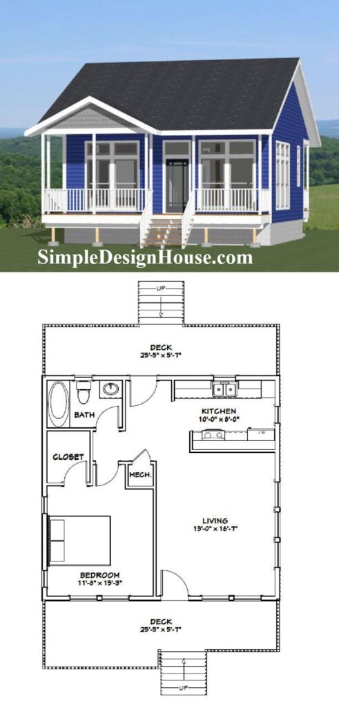 26x26-Small-Simple-House-1-Bedroom-1-Bath-676-sq-ft-PDF-Floor-Plan-3d