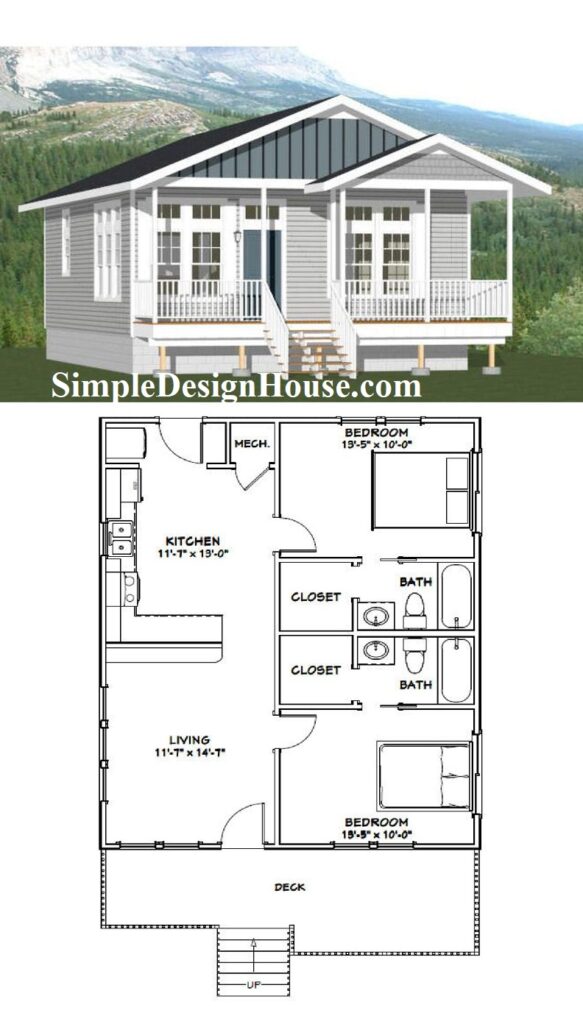 26x32-Small-House-Design-2-Bedrooms-2-Baths-832-sq-ft-PDF-Floor-Plan-3d