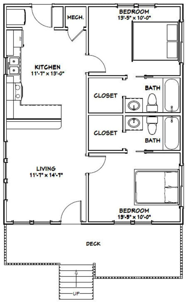 26x32-Small-House-Design-2-Bedrooms-2-Baths-832-sq-ft-PDF-Floor-Plan-Layout-plan-1