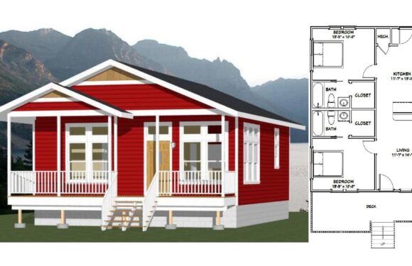 26×32 Tiny House Plans 2 Bedrooms  2 Baths 832 sq ft PDF Floor Plan