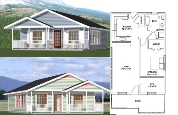 26×34 House Plans 3d 1 Bedroom 1 Bath 884 sq ft PDF Floor Plan