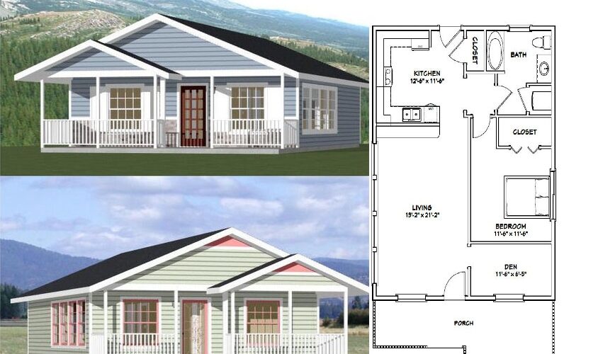 26×34 House Plans 3d 1 Bedroom 1 Bath 884 sq ft PDF Floor Plan