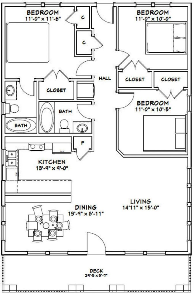 30x40-House-Design-3-Bedrooms-2-Bath-1200-sq-ft-PDF-Floor-Plan-layout-plan