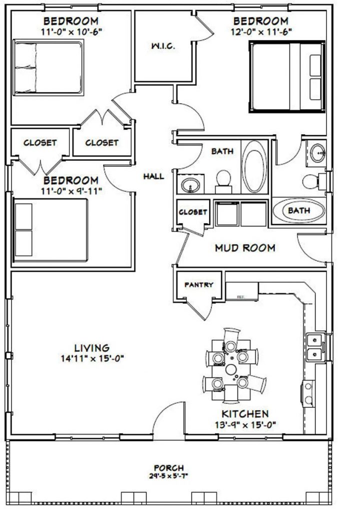30x40-House-Design-3d-3-Bedrooms-2-Baths-1200-sq-ft-PDF-Floor-Plan-layout-floor-plan