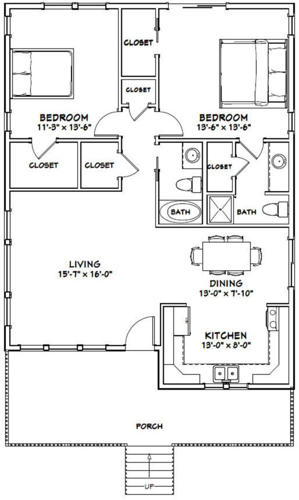 30x40-House-Design-Plan-2-Bedrooms-2-Baths-1136-sq-ft-PDF-Floor-Plan-layout-floor-plan