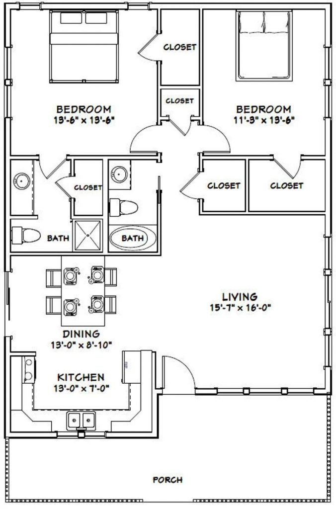 30x40-House-Idea-2-Bedrooms-2-Baths-1136-sq-ft-PDF-Floor-Plan-layout-plan