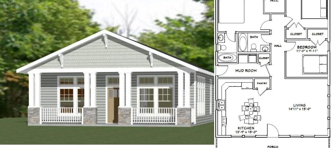 30×40 House Plans 3d 3 Bedrooms 2 Baths 1200 sq ft PDF Floor Plan