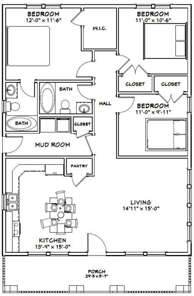 30x40-House-Plans-3d-3-Bedrooms-2-Baths-1200-sq-ft-PDF-Floor-Plan-layout-floor-plan