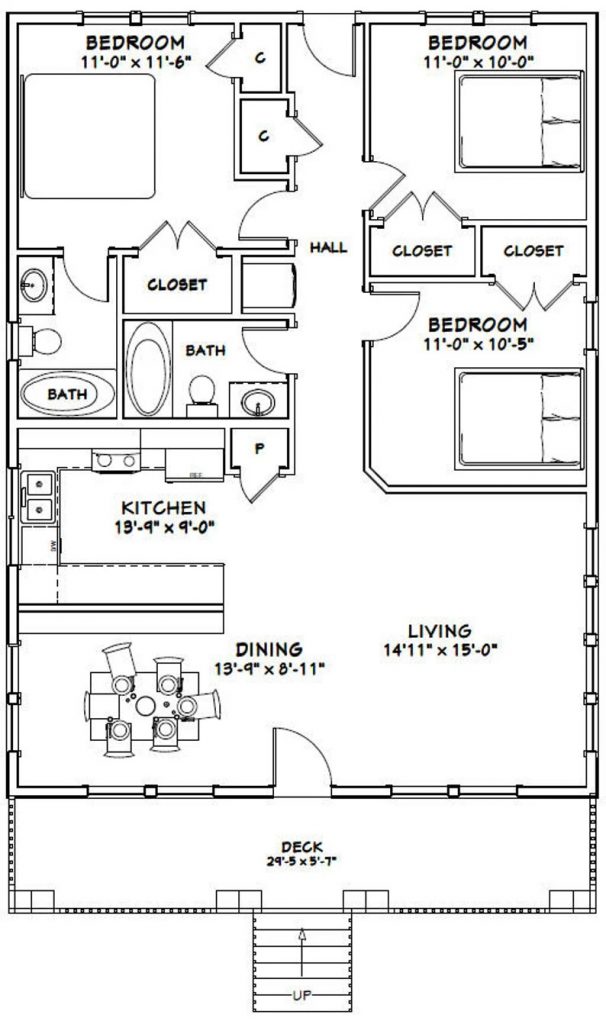 30x40-Simple-Design-House-3-Bedrooms-2-Baths-1200-sq-ft-PDF-Floor-Plan-layout-plan