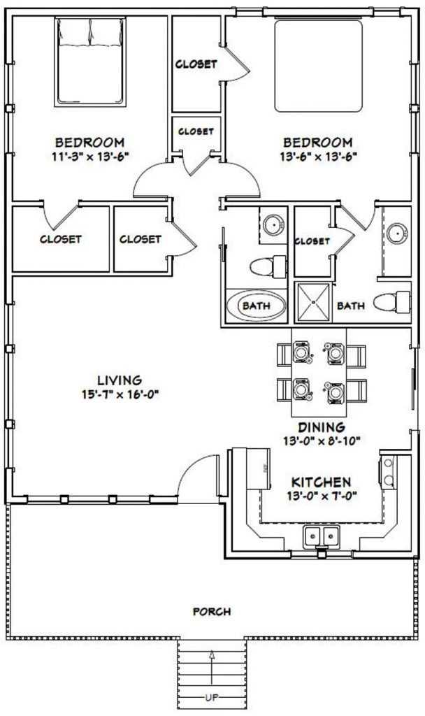 30x40-Simple-House-Design-2-Bedrooms-2-Baths-1136-sq-ft-PDF-Floor-Plan-layout-plan